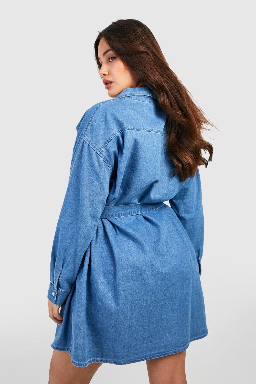 Plus Denim Tie Belt Shirt Dress